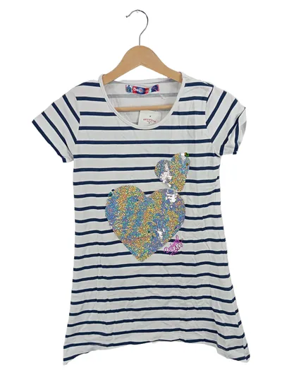 Desigual Kinder T-Shirt Gr. 134 Weiß Gestreift Pailletten-Herz Kurzarm Casual