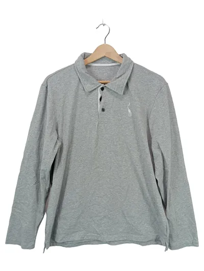 GLESTORE Herren Langarm Poloshirt Grau Meliert Giraffe Stickerei Gr. M
