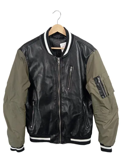 Smog Bomberjacke Herren Gr. 48 M Schwarz Leder Optik Kontrastärmel Casual