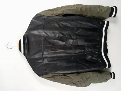 Smog Bomberjacke Herren Gr. 48 M Schwarz Leder Optik Kontrastärmel Casual