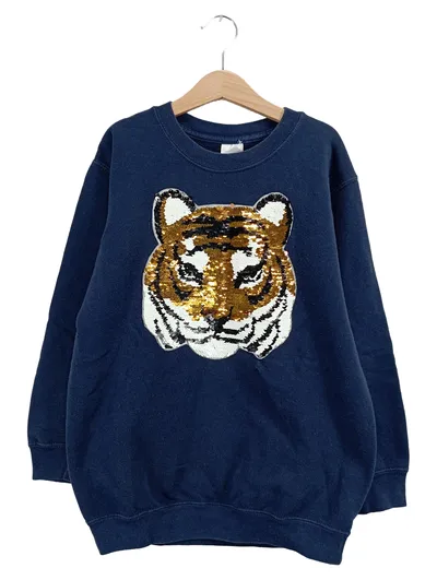 Fruit of the Loom Kinder Sweatshirt Blau Gr. 140 Tiger Pailletten