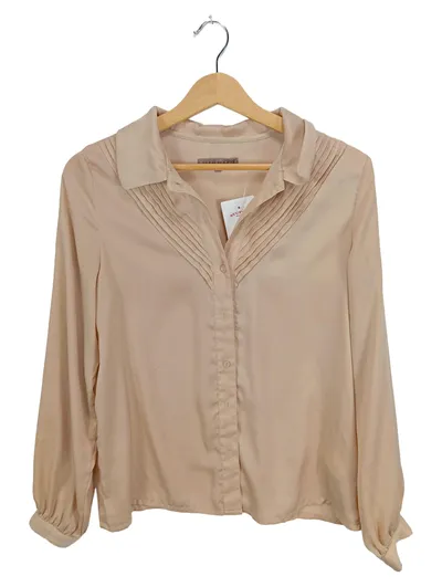 mint&berry Damen Bluse Gr. 36 S Beige Elegant Satin-Optik Plissee Langarm