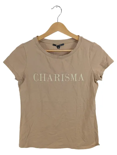 Comma Damen T-Shirt Kurzarm Schriftzug Beige Gr. 36 S Casual Baumwolle