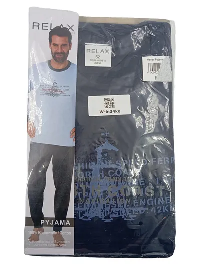 RELAX Herren Schlafanzug Pyjama Pure Natur Blau Gr. 52 100% Baumwolle