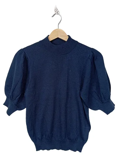 KAFFE Damen Pullover Blau Gr. 36 S Halbarm Stehkragen Glitzer