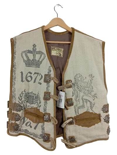 Skandal Münchner Trachten Weste Herren Gr. 44 Beige Wolle Leder Oktoberfest