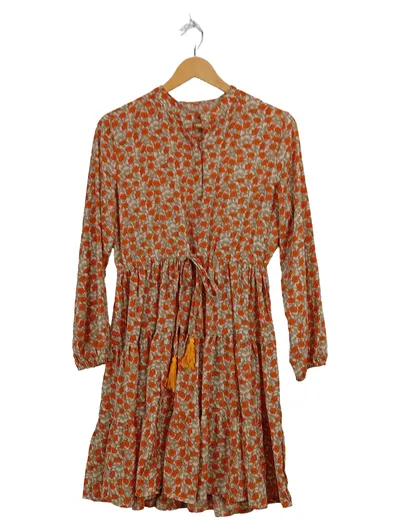 SENES Blusenkleid Damen Gr. 36 Orange Blumenmuster Quaste Hemdblusenkleid