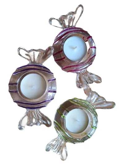 PartyLite Teelichthalter Bonbon Set Glas Transparent Gestreift 3er Set