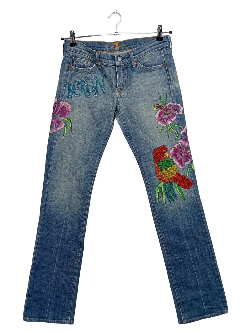 7 For All Mankind Damen Jeans Straight Leg 38 Blau Stickerei Papagei Berlin 1