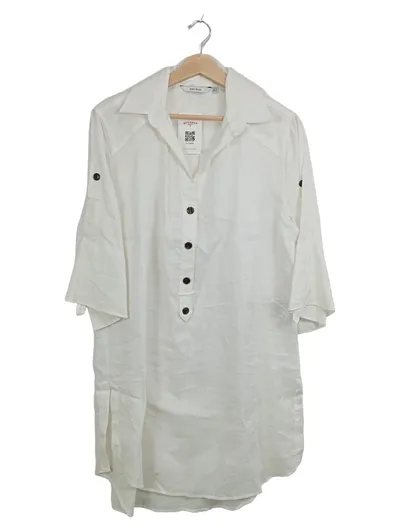 ZARA BASIC Bluse Damen Gr. 42 XL Weiß Leinen Casual 3, 4-Arm Knopfleiste