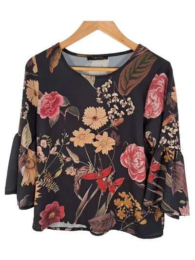 Piazza Italia Damen Pullover Schwarz Blumenmuster Gr. 36 S 3, 4-Arm