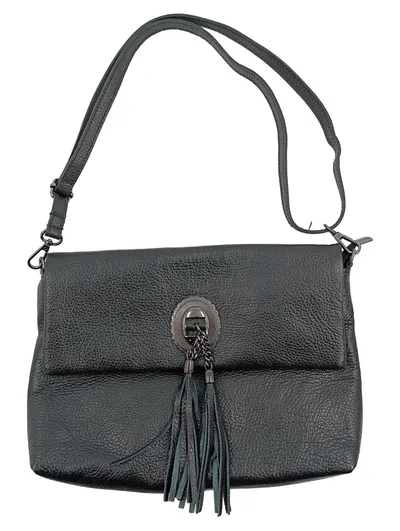 Damen Umhängetasche Leder Schwarz mit Quaste Crossbody Bag Made in Italy