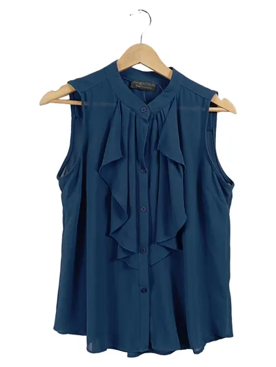 Piazza Italia Damen Bluse Gr. 38 Blau Ärmellos Rüschen Elegant