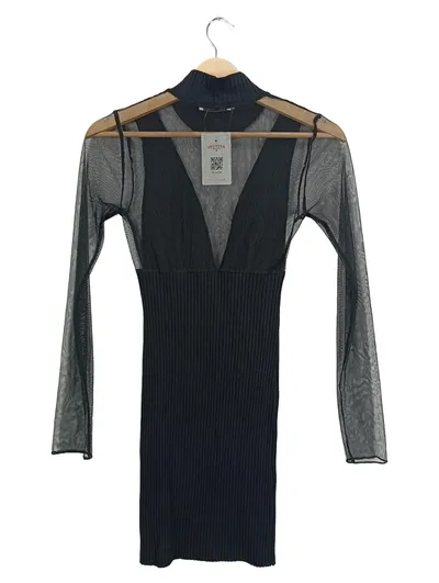 Zara Cocktailkleid Schwarz Gr. 36 S Langarm Rippstrick Transparent Party