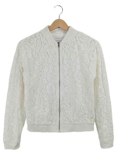 Costes Damen Bomberjacke Gr. 34 XS Weiß Spitze Florales Muster Feminin