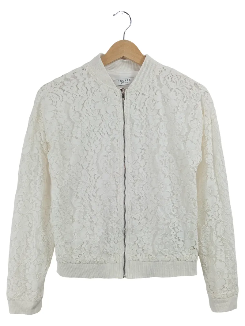 Costes Damen Bomberjacke Gr. 34 XS Weiß Spitze Florales Muster Feminin 1