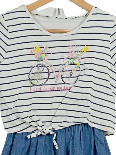 YIGGA Mädchen Sommerkleid Gr. 146/152 Gestreift Fahrrad Blumen Blau