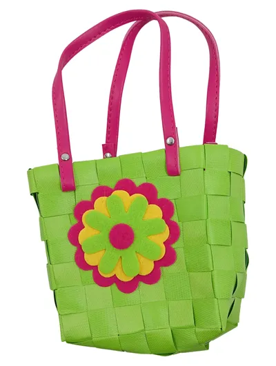 Windel Geflochtene Kindertasche Grün Pink Blumenapplikation 12x12cm