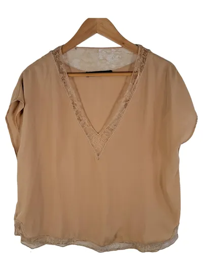 ZARA BASIC Damen Bluse Beige Spitze V-Ausschnitt Gr. M