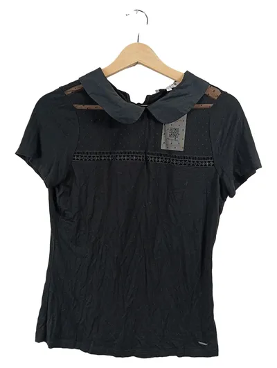 Morgan Damen Pullover Schwarz Gr. 40 L Kurzarm Kragen Spitze Viskose