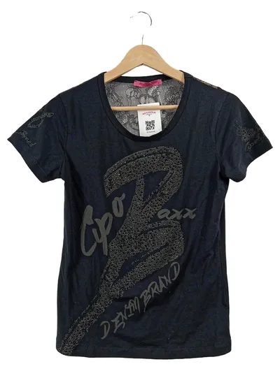Cipo & Baxx Damen T-Shirt Schwarz Gr. 36 S Strass Spitze Logo
