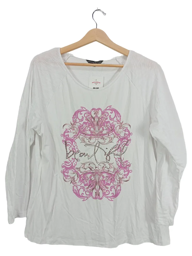 Christian Materne Damen Langarmshirt Weiß Gr. 44 XXL Print Strass Casual 1