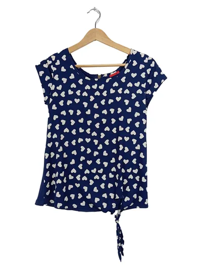 Livre Damen Bluse Gr. 36 Blau Herzmuster Kurzarm Reißverschluss