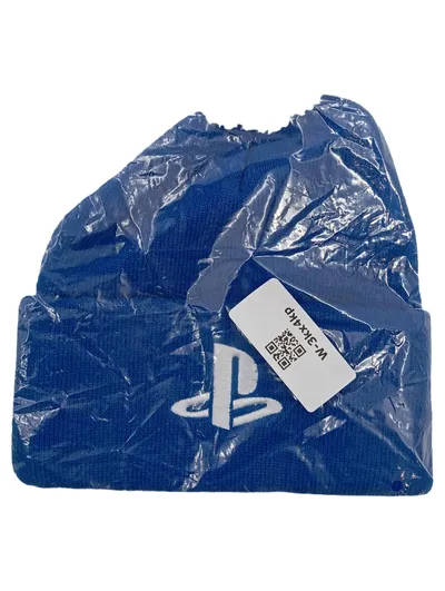 PlayStation Mütze mit Bommel Beanie Blau Logo Stickerei Wintermütze Herren