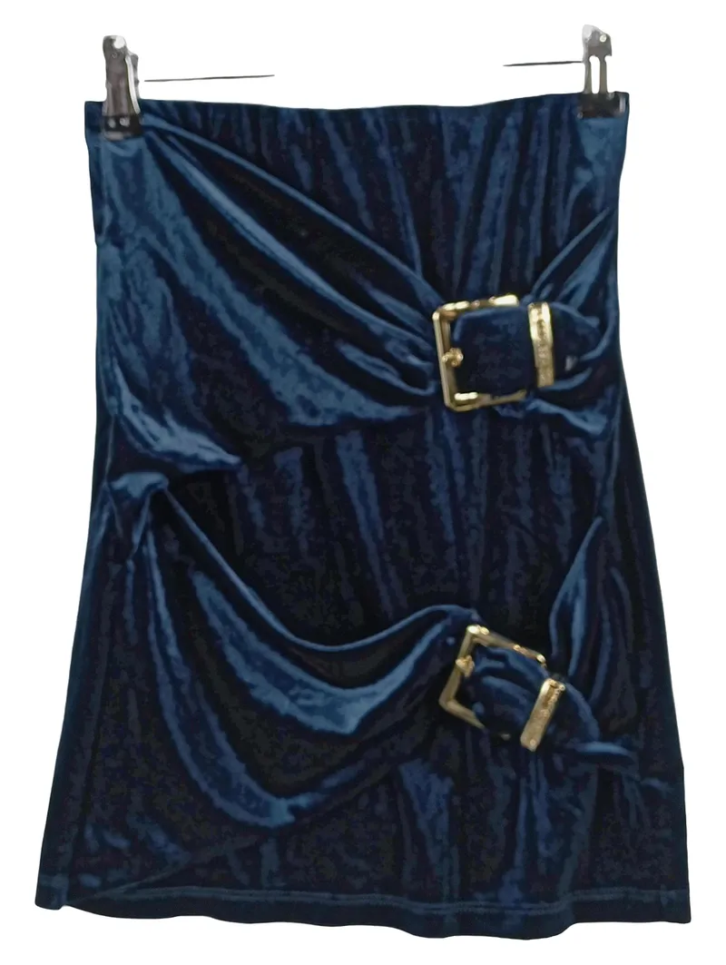 ABOUT YOU Minirock Damen Gr. 36 Blau Samt-Optik Raffung Schnallen 1