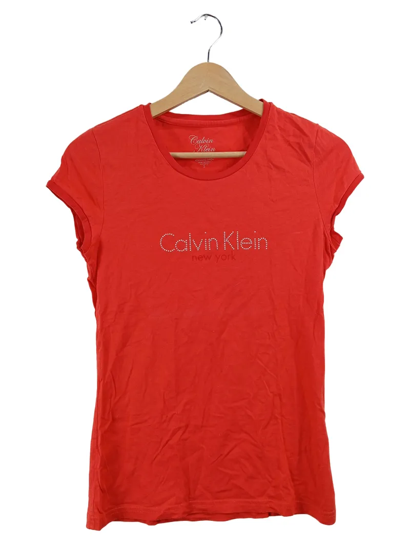 Calvin Klein Damen T-Shirt York Logo Rot Gr. 36 S Strass Casual 1