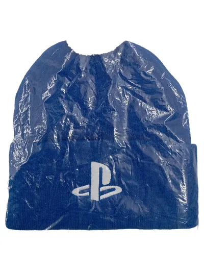 PlayStation Mütze mit Bommel Blau Logo Beanie Wintermütze Casual