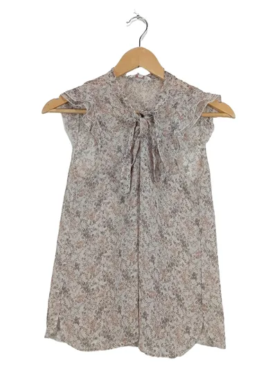 Clockhouse Damen Bluse Gr. 38 Beige Blumenmuster Ärmellos Rüschen Feminin