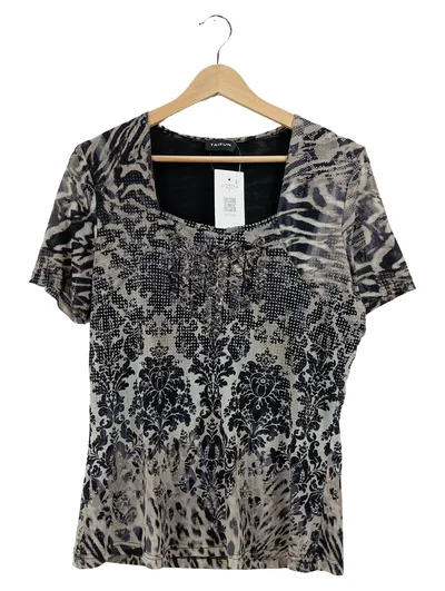 Taifun Damen T-Shirt Gr. 40 L Mehrfarbig Animal-Print Kurzarm Rüschen