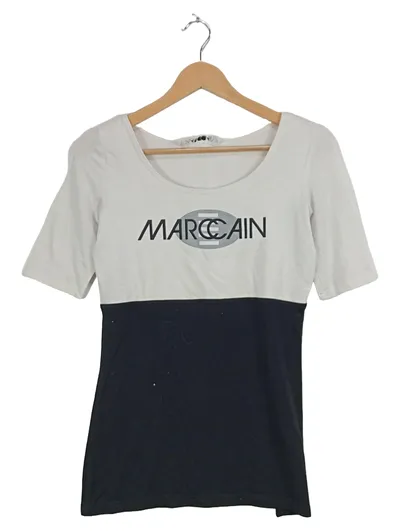 Marc Cain Damen Pullover Shirt Gr. 36 S Weiß Schwarz Logo-Print Kurzarm