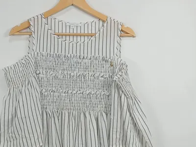 Patrizia Pepe Bluse Damen Gr. 40 Weiß Gestreift Off-Shoulder Smock Top Casual