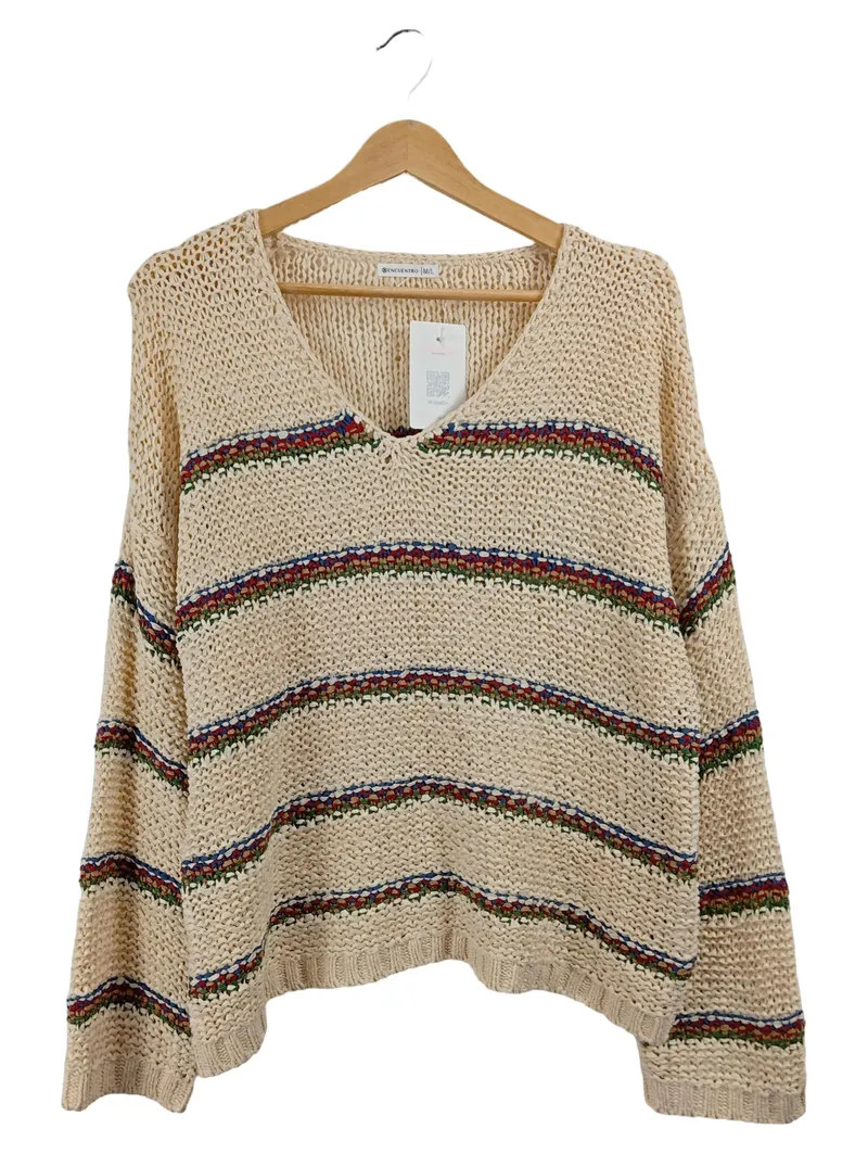 Encuentro Damen Pullover Beige Gestreift Lochmuster Gr. 38, 40 M, L Casual 1