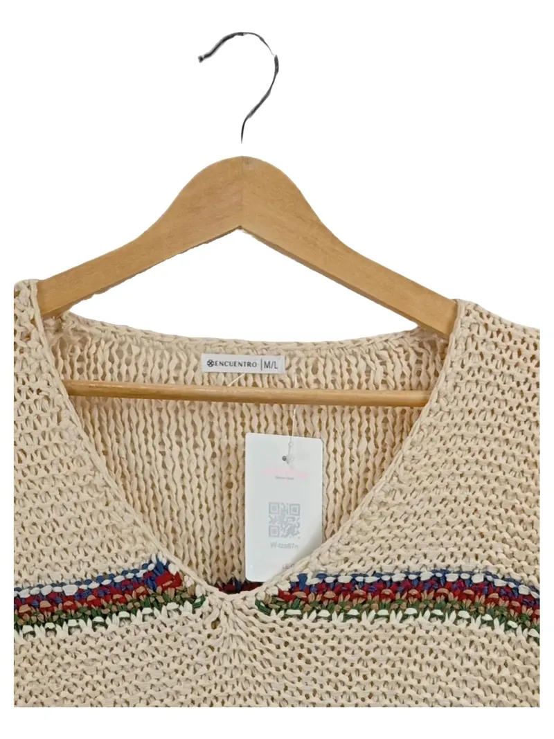 Encuentro Damen Pullover Beige Gestreift Lochmuster Gr. 38, 40 M, L Casual 3