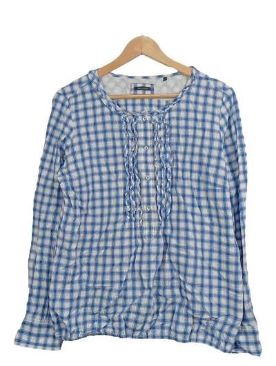 Marc O'Polo Damen Trachtenbluse Blau Kariert Rüschen Gr. 42 Baumwolle