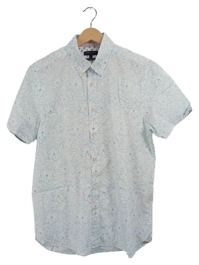 Ted Baker Herren Freizeithemd Kurzarm Blumenmuster Weiß Blau Gr. 50 L Casual