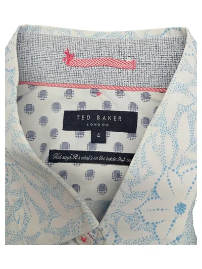 Ted Baker Herren Freizeithemd Kurzarm Blumenmuster Weiß Blau Gr. 50 L Casual