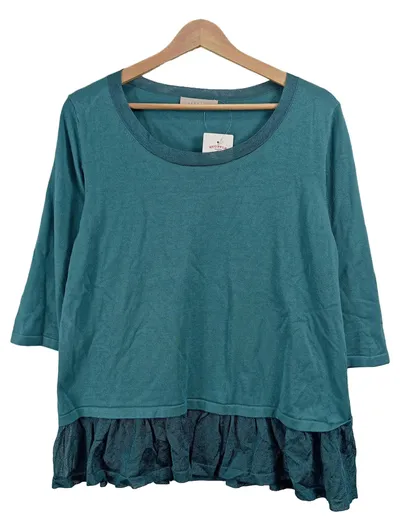 Stefanel Damen Pullover Petrol Gr. 40 L Rüschen 3/4-Arm Viskose