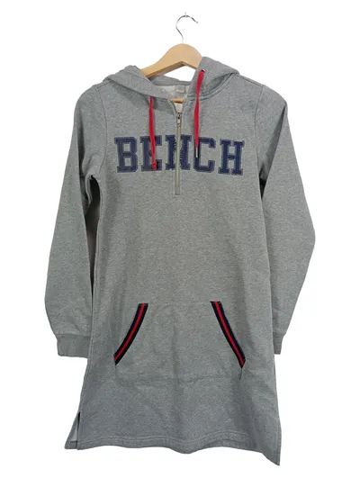 Bench. Damen Hoodie Kleid Sweatkleid Grau Gr. 34 XS Kapuze Logo