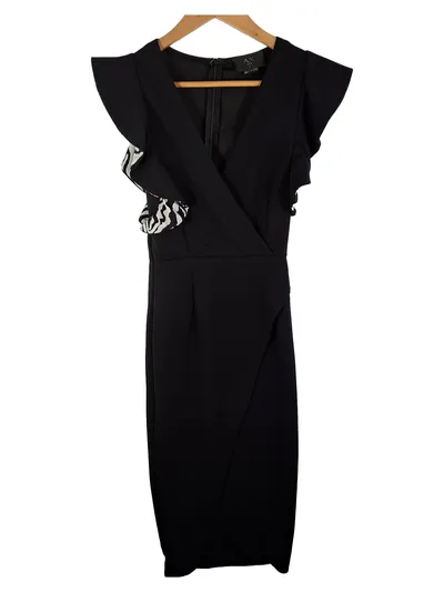 AX Paris Damen Cocktailkleid Wickelkleid Schwarz Rüschen Gr. 34 XS