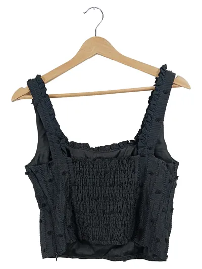 VERA & LUCY Damen Top Schwarz Gr. 40 L Punkte Rüschen Ärmellos