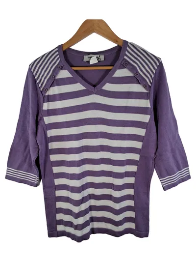 Collection L Damen Pullover Gr. 40 L Lila Gestreift 3, 4-Arm V-Ausschnitt
