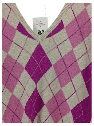 Stile Benetton Damen Pullover Gr. 38 M Beige Argyle Muster V-Ausschnitt