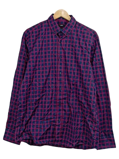HUGO BOSS Herren Freizeithemd Hemd Kariert Blau Rot Gr. 50 L Baumwolle