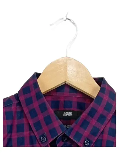 HUGO BOSS Herren Freizeithemd Hemd Kariert Blau Rot Gr. 50 L Baumwolle