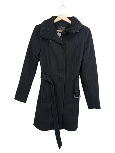 MANGO Damen Wollmantel Schwarz Gr. 36 S Klassisch mit Gürtel