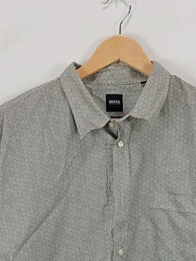 HUGO BOSS Herren Freizeithemd Grau Geometrisch Gr. 52;XL Slim Fit Langarm